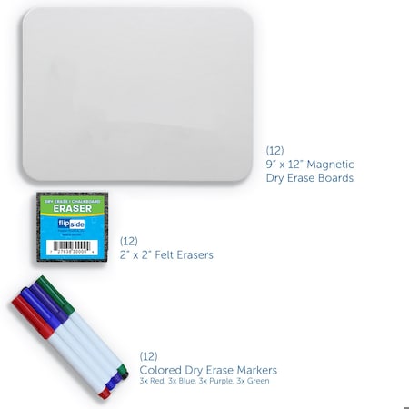Flipside 9in X 12inDry Erase Board + Colored Pens + Student Eraser Retail Class, 12PK 31003